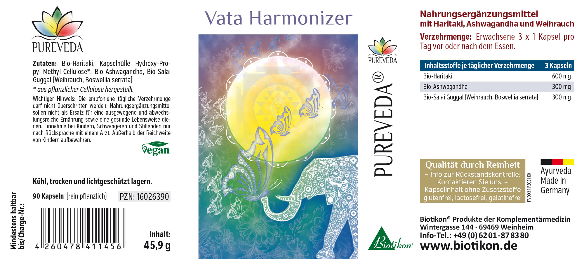 Vata Harmonizer – 90 Kapseln Nahrungsergänzungsmittel Vata Harmonizer in einer Packung mit 90 veganen Kapseln, farbenfrohes Design.