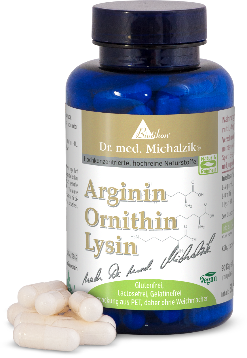 Arginin Ornithin Lysin – 90 Kapseln Blaue Flasche mit 90 veganen Kapseln, daneben einige Kapseln, gluten- und laktosefrei.
