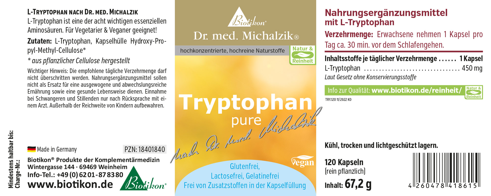 L-Tryptophan 450 mg – Kapseln Nahrungsergänzungsmittel L-Tryptophan in veganen Kapseln, 120 Kapseln, gelbe Verpackung.