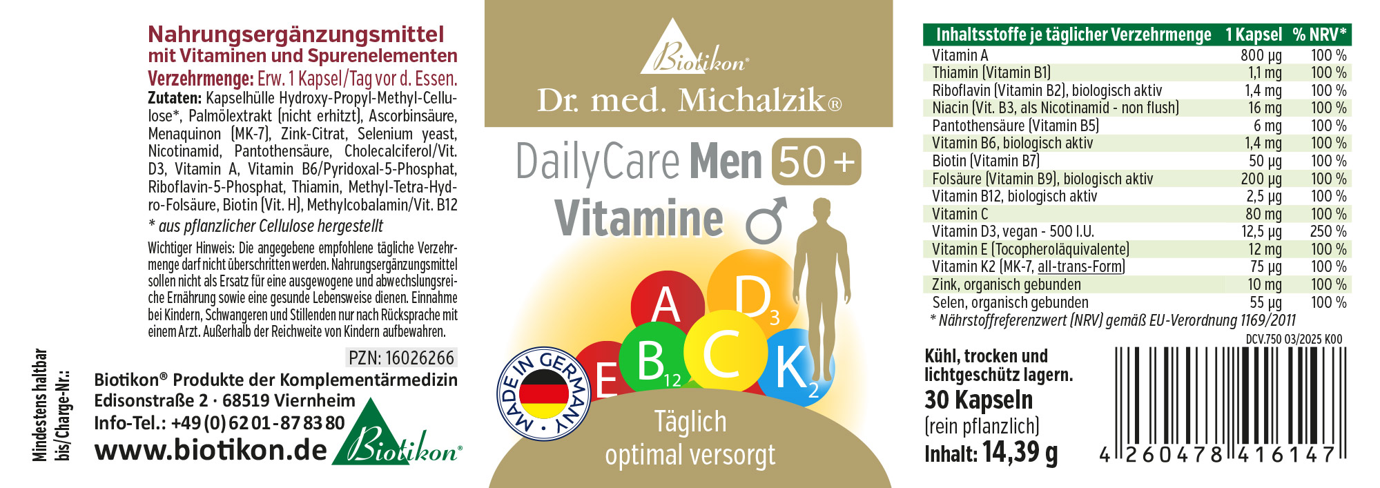 DailyCare Men 50+ – 30 Kapseln Nahrungsergänzungsmittel für Männer 50+, 30 Kapseln in Verpackung, mehrfarbig, Vorderansicht.