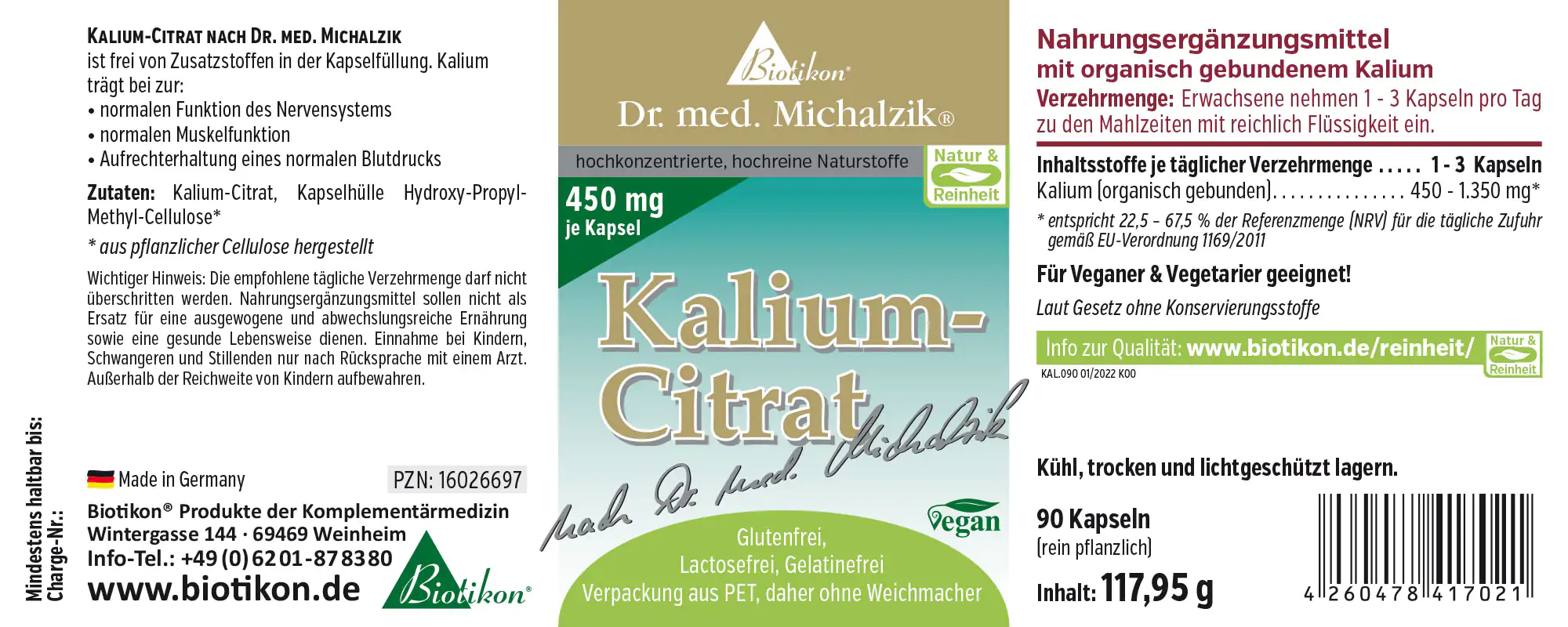 Kalium-Citrat 450 mg – Kapseln Nahrungsergänzungsmittel, 90 Kapseln, helle Verpackung, seitliche Sicht, vegan.