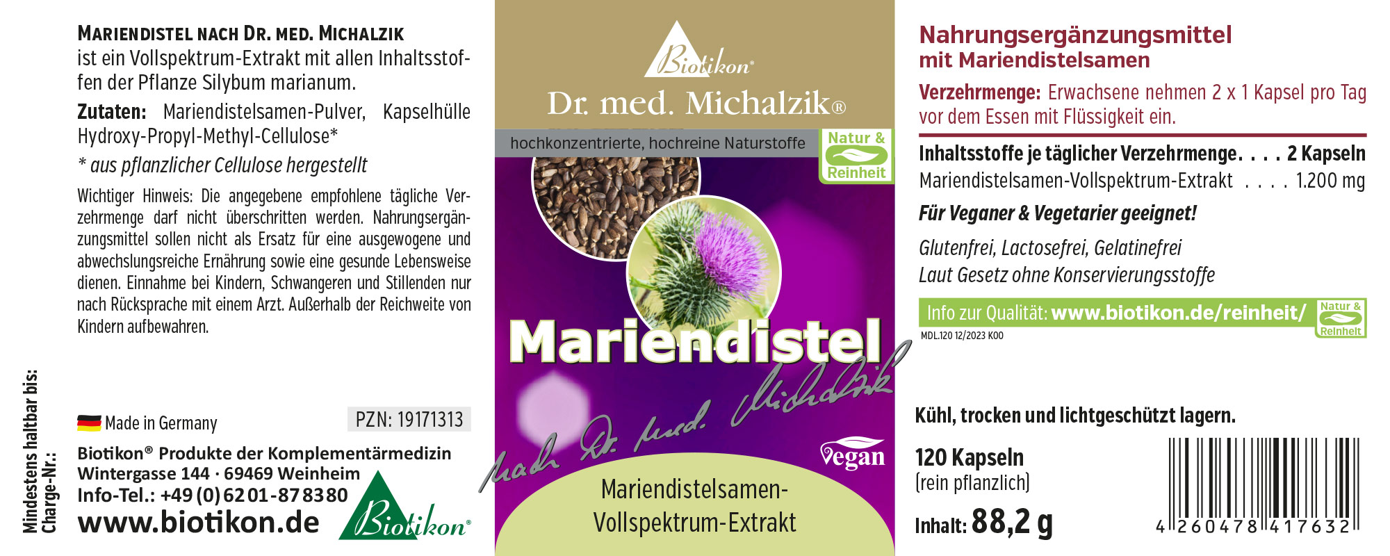 Mariendistel 120 Kapseln – Vollspektrum-Extrakt Mariendistel-Nahrungsergänzungsmittel, 120 Kapseln, vegan, in Verpackung, Vorderansicht