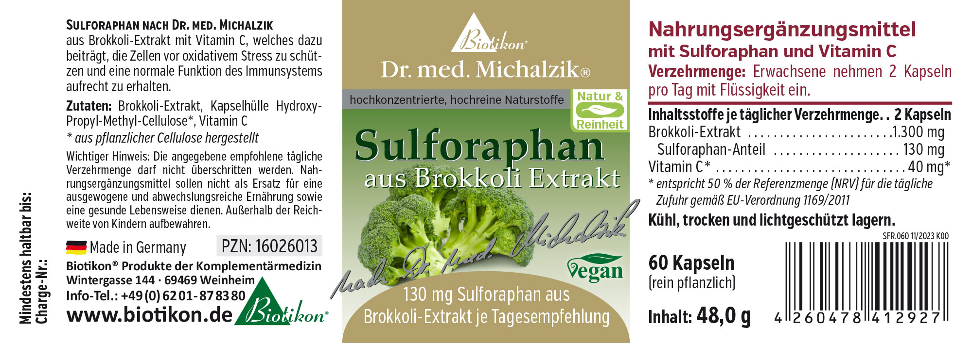 Sulforaphan 130 mg – Kapseln 60 vegane Kapseln mit Brokkoli-Extrakt und Vitamin C, Verpackung in grün und beige.