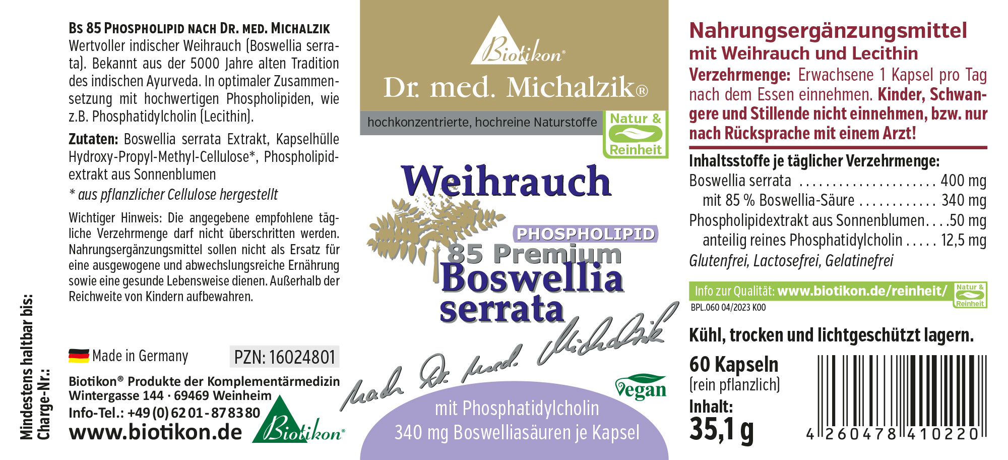 Weihrauch Phospholipid Boswellia serrata Etikett deutsch Nahrungsergänzungsmittel Weihrauch mit Phosphatidylcholin, 60 Kapseln, Verpackung in hellem Design, vegan.
