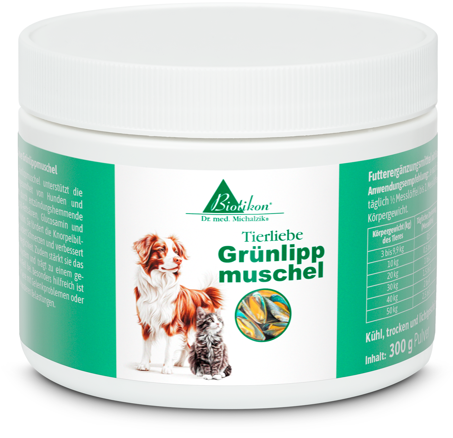 Grünlippmuschel 300 g – Pulver Dose mit Grünlippmuschel-Pulver für Hunde und Katzen, 300 g, farbige Abbildung von Hund und Katze.