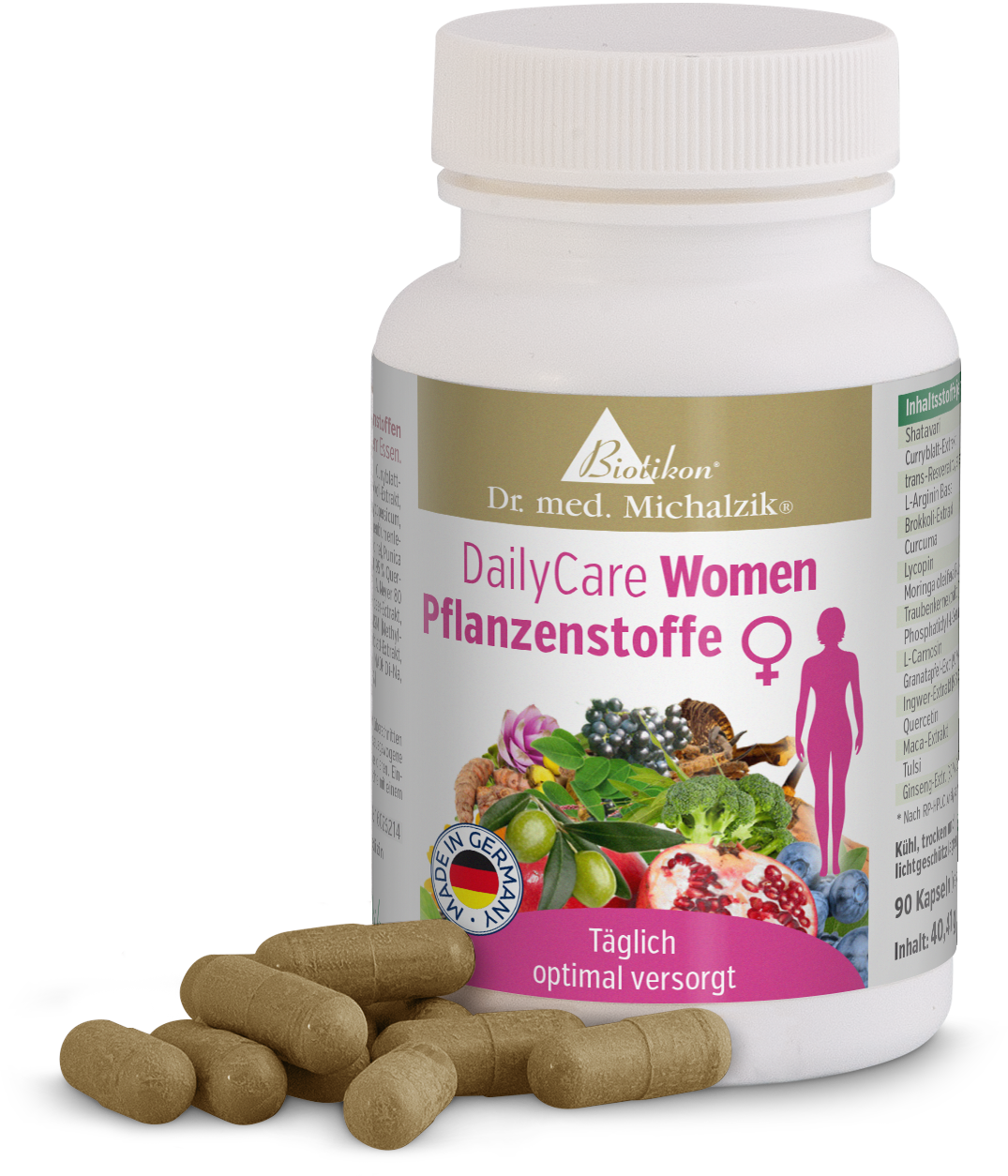 Pflanzenstoffe 90 Kapseln – DailyCare Women Flasche mit 90 Kapseln Pflanzenstoffe, farbige Pflanzenillustrationen, braune Kapseln auf dem Tisch.
