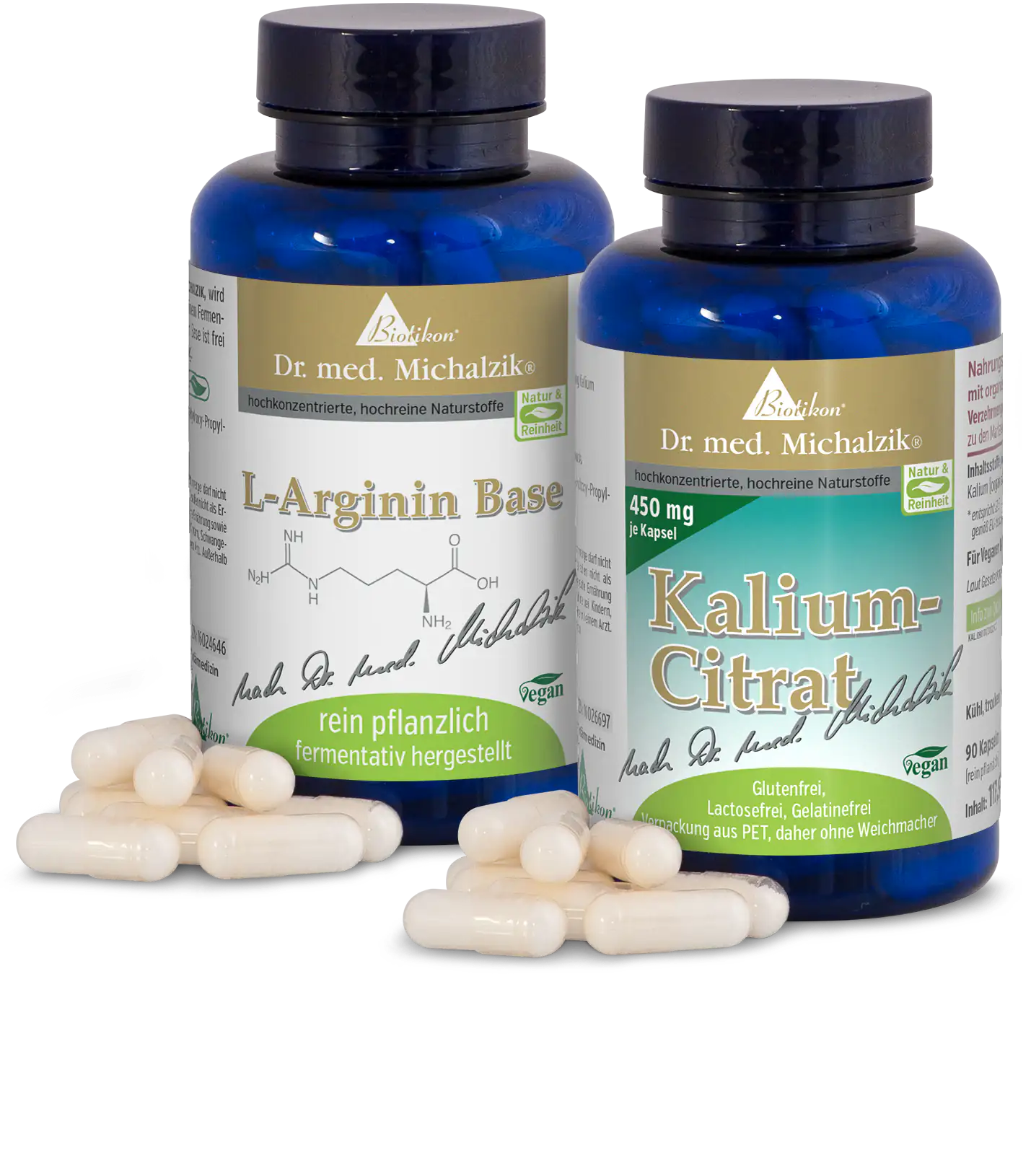 L-Arginin Base 450 mg – Kapseln Zwei Flaschen mit L-Arginin und Kalium-Citrat, Kapseln, weiß, in blauen Behältern, 90 Kapseln pro Flasche.
