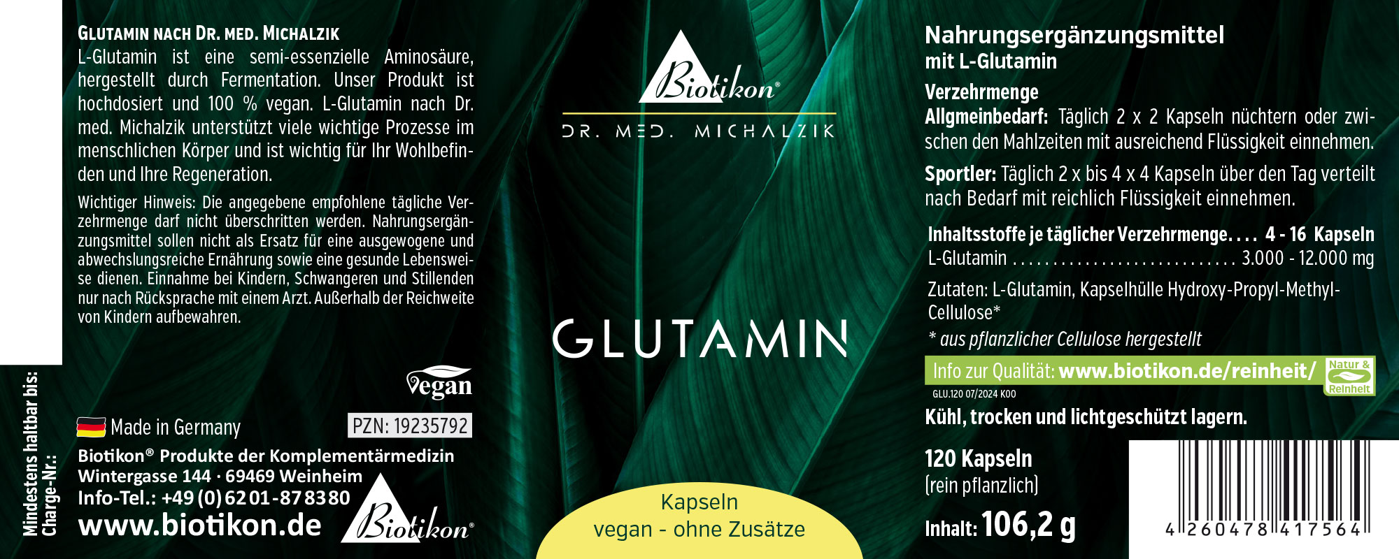 Glutamin 120 Kapseln – vegan Glutamin Kapseln in einer Verpackung, 120 Kapseln, grüne Hintergrundfarbe, perspektivisch