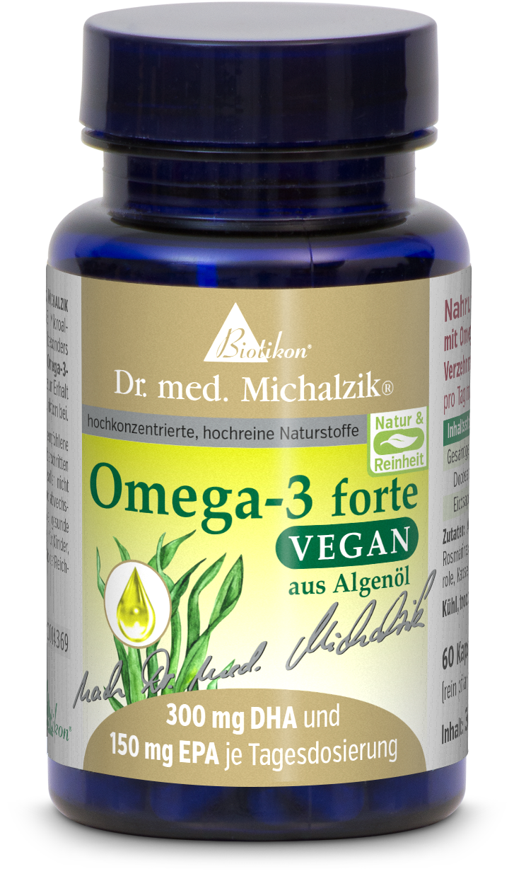 Omega-3 forte 225 mg – Kapseln Schwarze Kapsel-Flasche mit 60 veganen Omega-3 Kapseln aus Algenöl, farbig und hochwertig gestaltet.