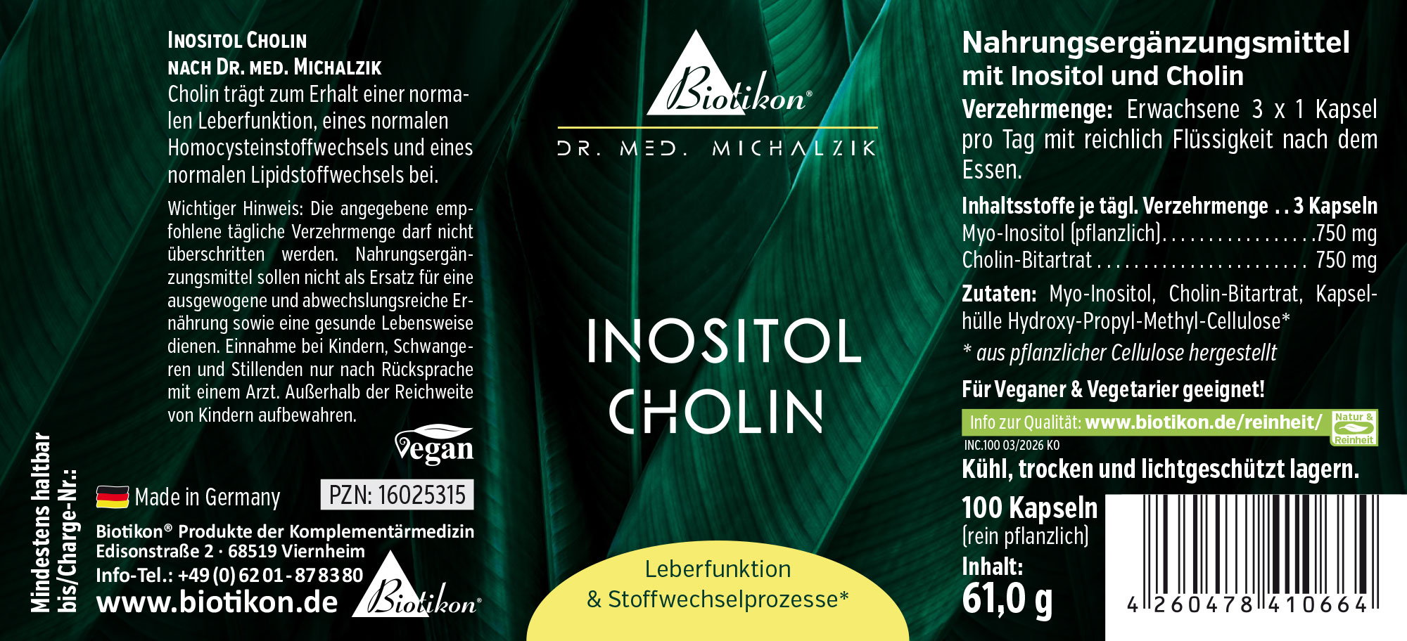 Nahrungsergänzungsmittel Inositol und Cholin, 100 vegane Kapseln, grau-gelbe Verpackung, Vorderansicht.