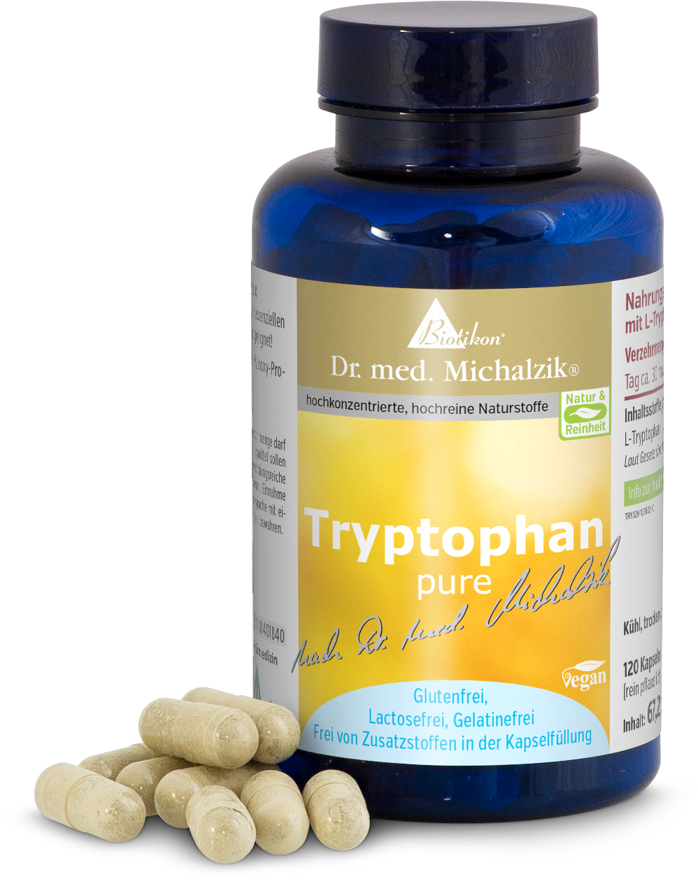 Tryptophan pure – 120 Kapseln Glasflasche mit Tryptophan Kapseln, vegan, glutenfrei, lactosfrei, gelatinefrei, hellgelbe Kapseln.