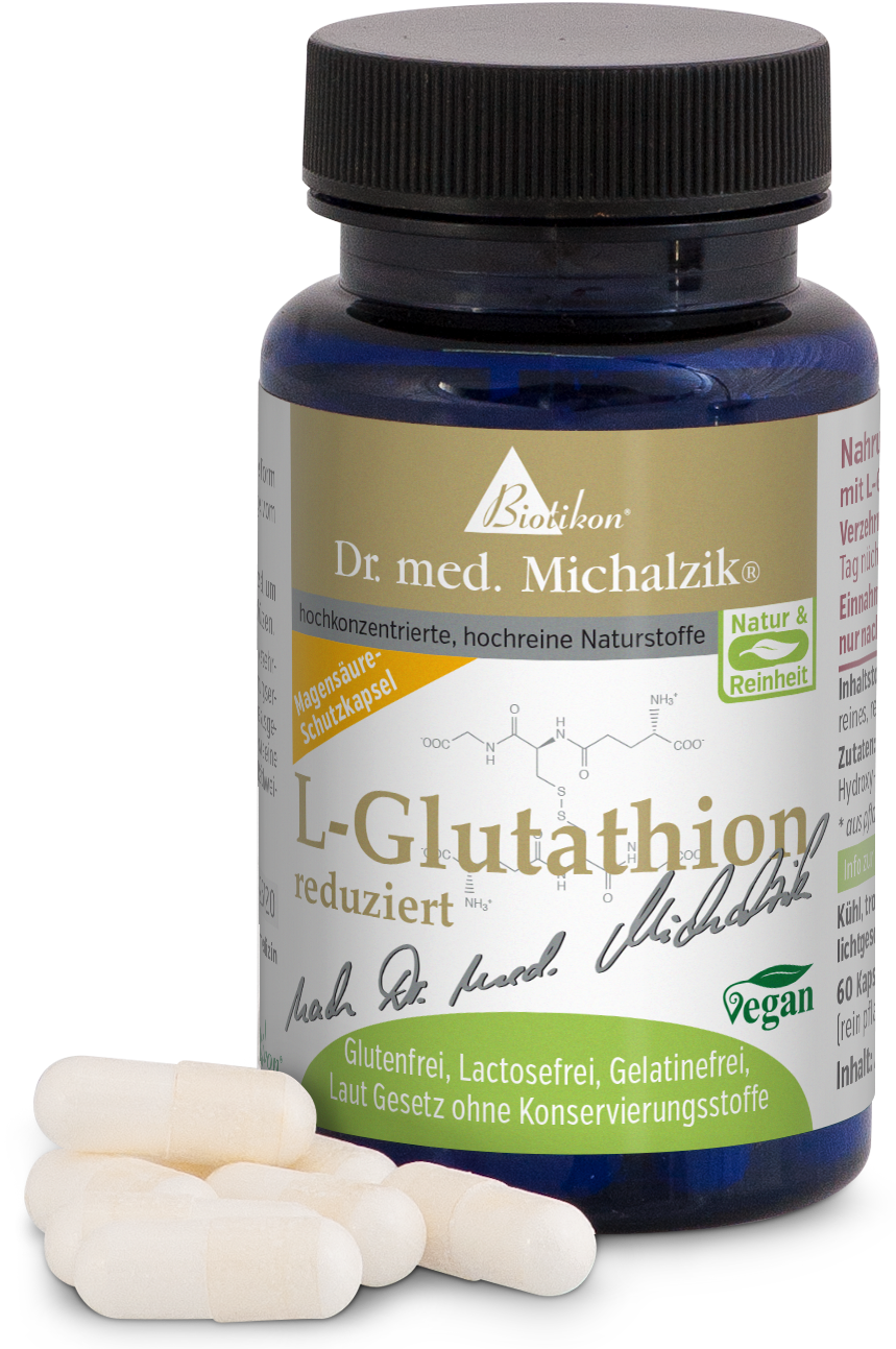 L-Glutathion reduziert – 60 Kapseln Blaues Kunststoffbehälter mit L-Glutathion Kapseln, 60 Stück, glutenfrei, vegane Kapseln, Vorderansicht.