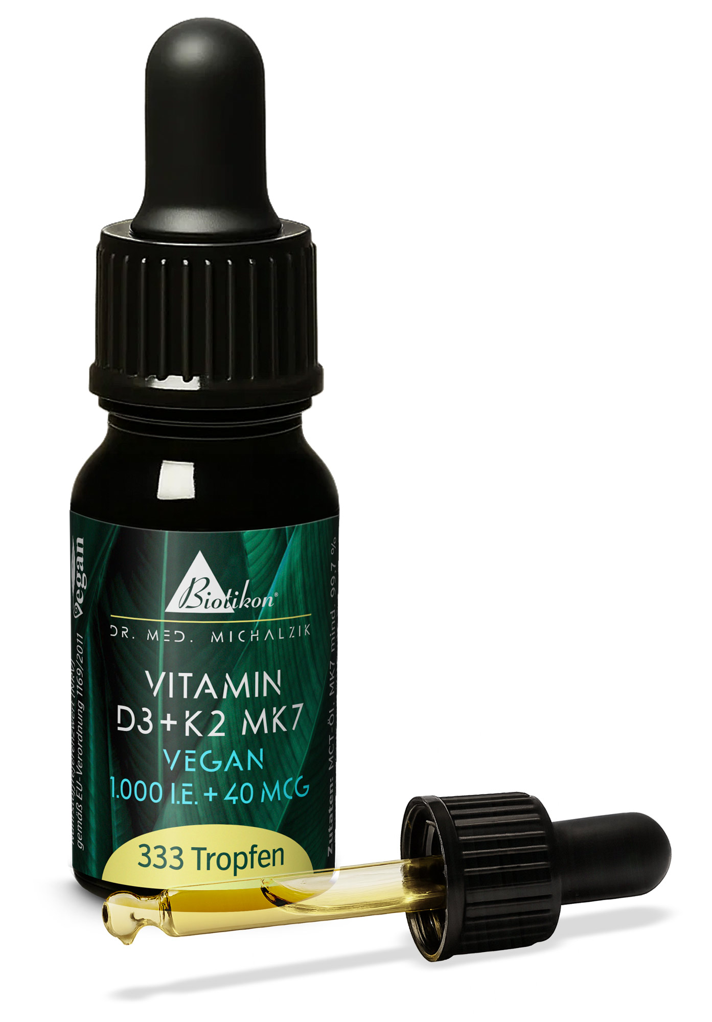 Pipettenflasche mit 333 Tropfen Vitamin D3 und K2 MK7, schwarze Verpackung, gelbe Flüssigkeit.