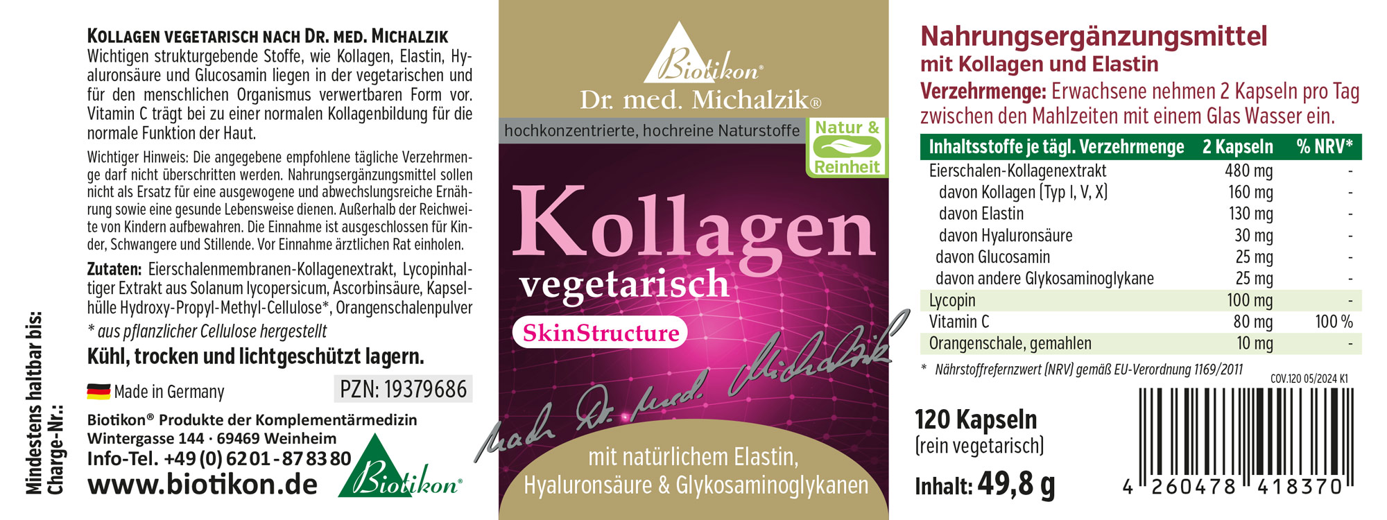 Kollagen vegettarisch 120 Kapseln – Biotikon Vegetarisches Nahrungsergänzungsmittel, Kollagen und Elastin, 120 Kapseln, transparente Verpackung, Kapseln in Orangenschale.