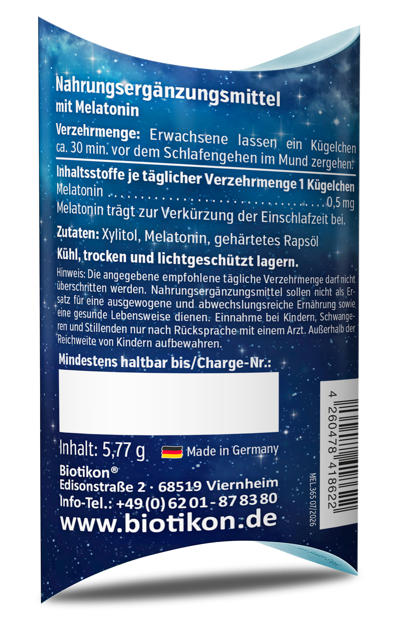 Melatonin 0,5 mg – Kügelchen Nahrungsergänzungsmittel mit Melatonin, 5,77 g Packung, Blau mit Sternenhimmel-Motiv.