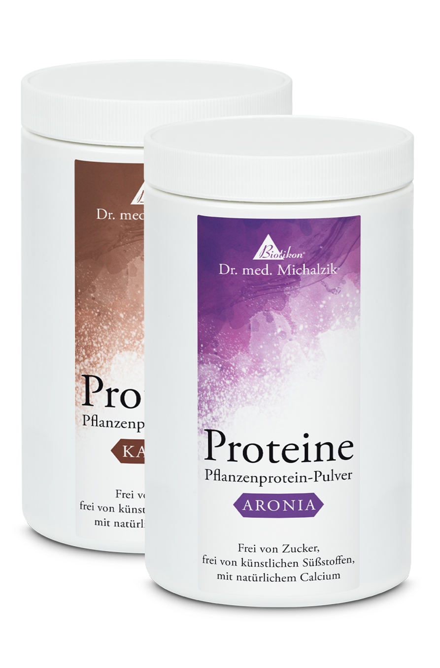 Pflanzenprotein-Pulver Aronia – 400 g Zwei Dosen pflanzenbasiertes Proteinpulver in Weiß, Aromen Aronia und Kakao, 400 g.