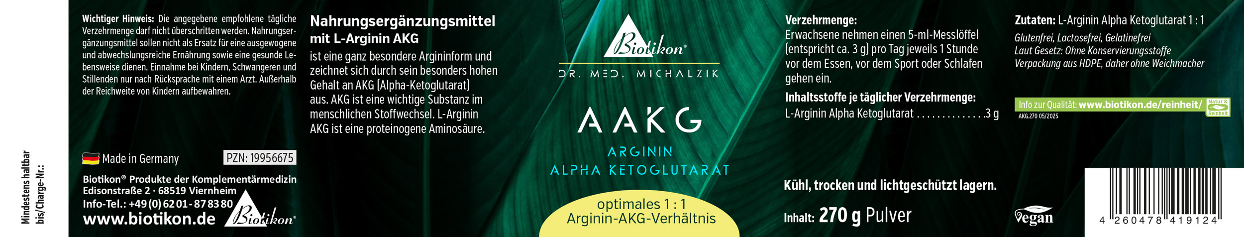 AAKG – Arginin Alpha Ketoglutarat 270 g Pulver AAKG Pulver in 270 g Verpackung, schwarz-grünes Design, gut sichtbar, vegan und frei von Zusatzstoffen.