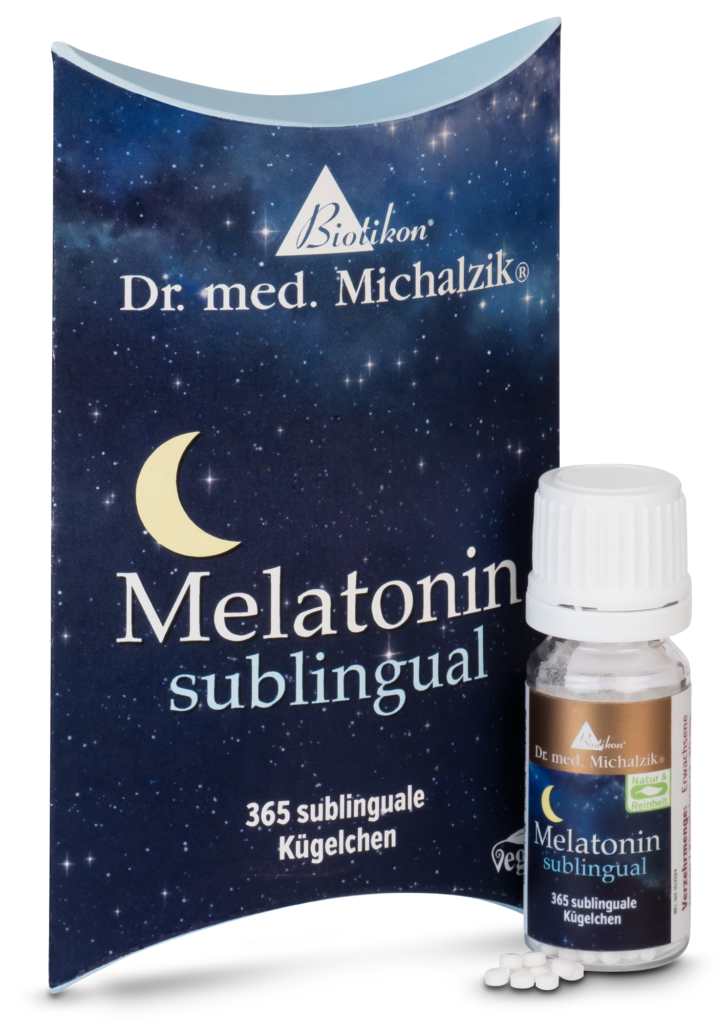 Melatonin sublingual – 365 Kügelchen Flasche mit 365 sublingualen Kügelchen in einer dunkelblauen Verpackung.