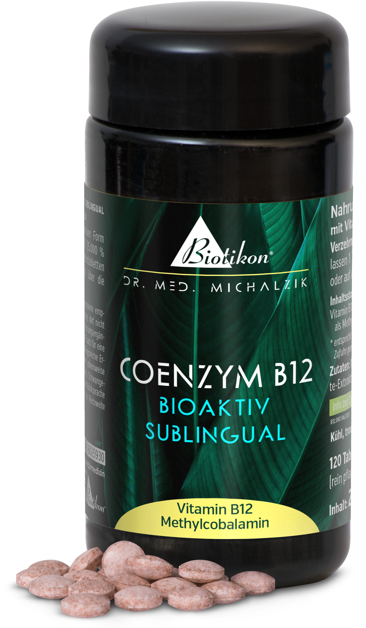 Coenzym B12 120 Sublingual Tabletten Coenzym B12 Nahrungsergänzungsmittel in schwarzer Flasche, 120 sublinguale Tabletten, pink-braune Farbe, halbseitige Perspektive.