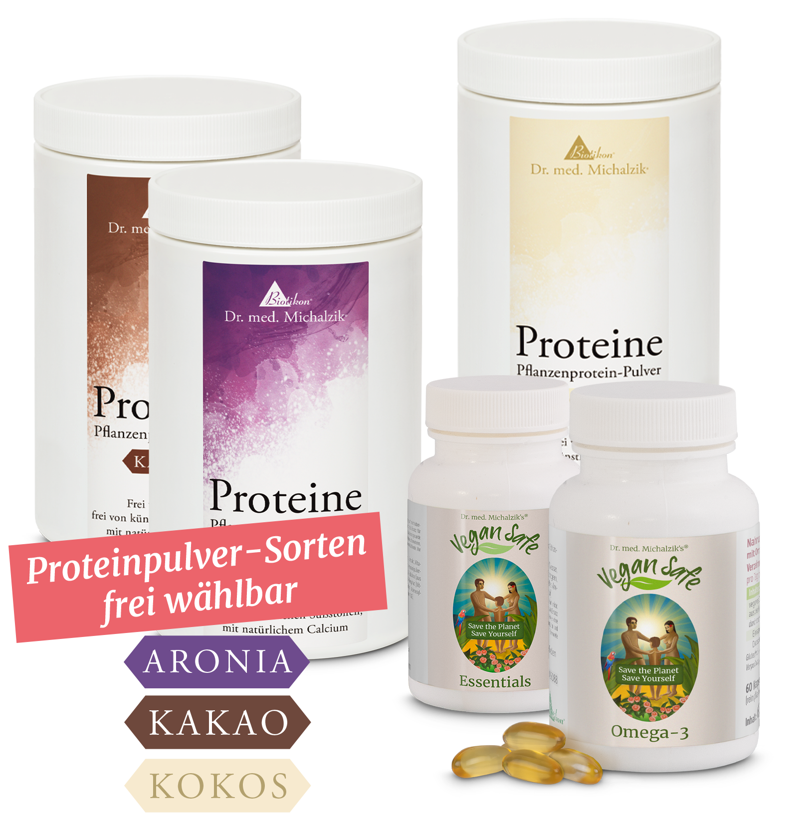 Pflanzenprotein-Pulver – 500 g Sorten Drei Dosen Pflanzenproteinpulver in verschiedenen Geschmacksrichtungen und zwei Flaschen Nahrungsergänzungsmittel, in weiß und braun, auf weißem Hintergrund.