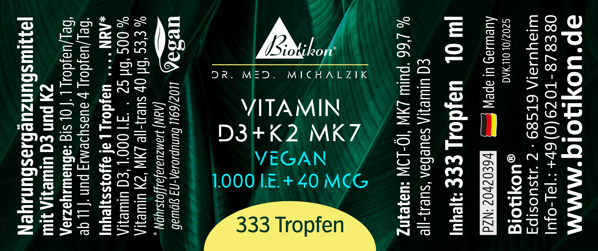 Flasche mit 333 Tropfen Vitamin D3 und K2 MK7, 10 ml, grüne Verpackung