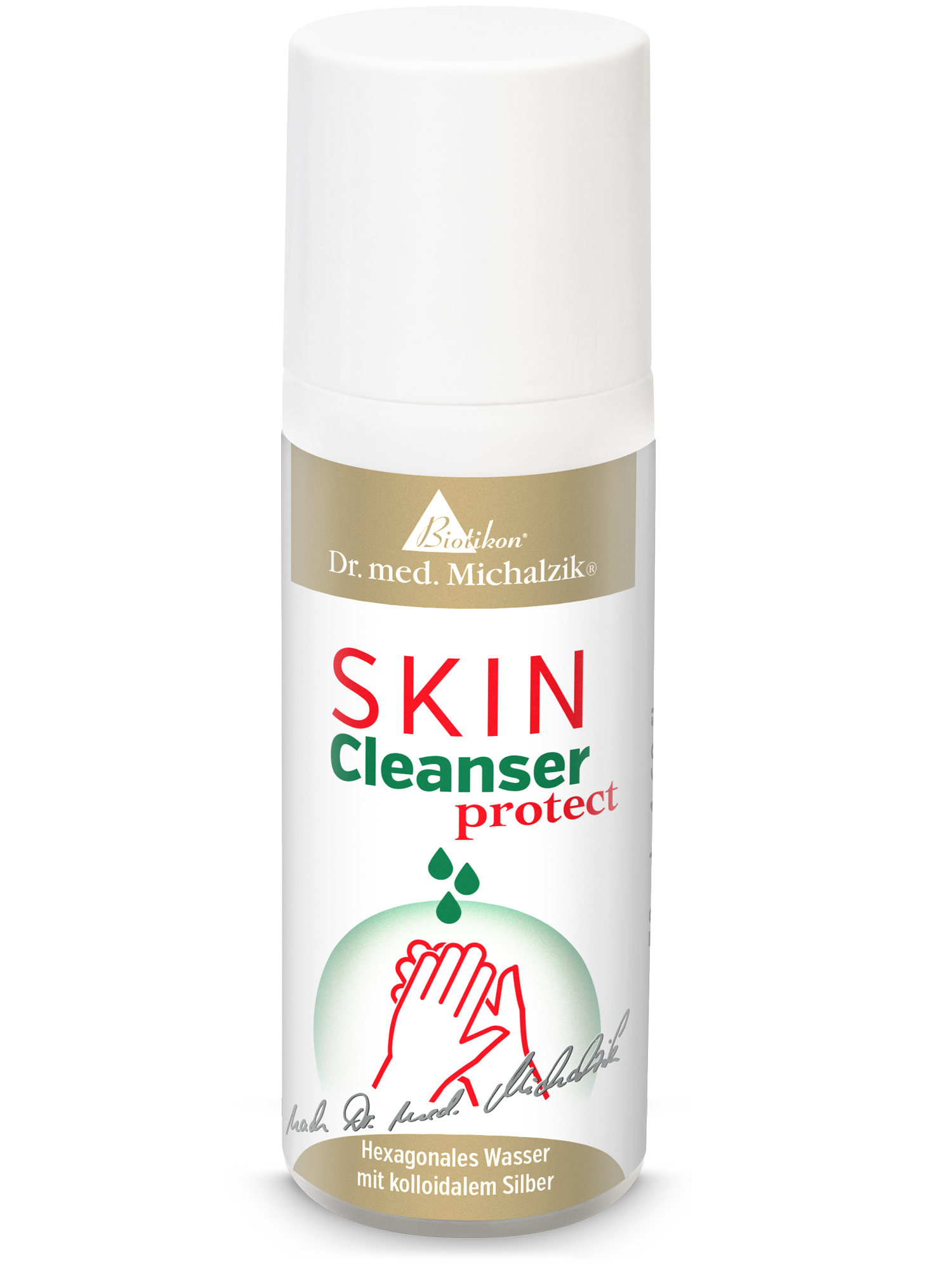 Skin Cleanser protect – 150 ml Spray Hautreiniger in Sprayform, 150 ml, mit kolloidalem Silber, weiße Verpackung mit goldenen Akzenten.