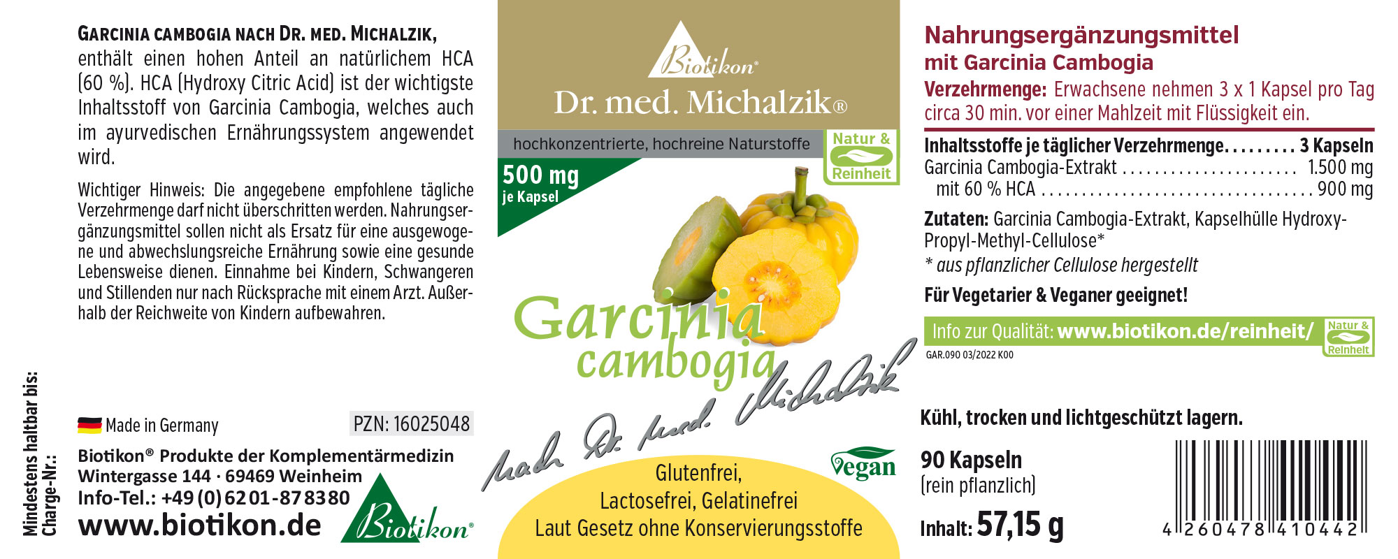 Garcinia Cambogia 500 mg – Kapseln 90 Kapseln Garcinia Cambogia Extrakt, gelbe Verpackung, Vorderansicht, vegan