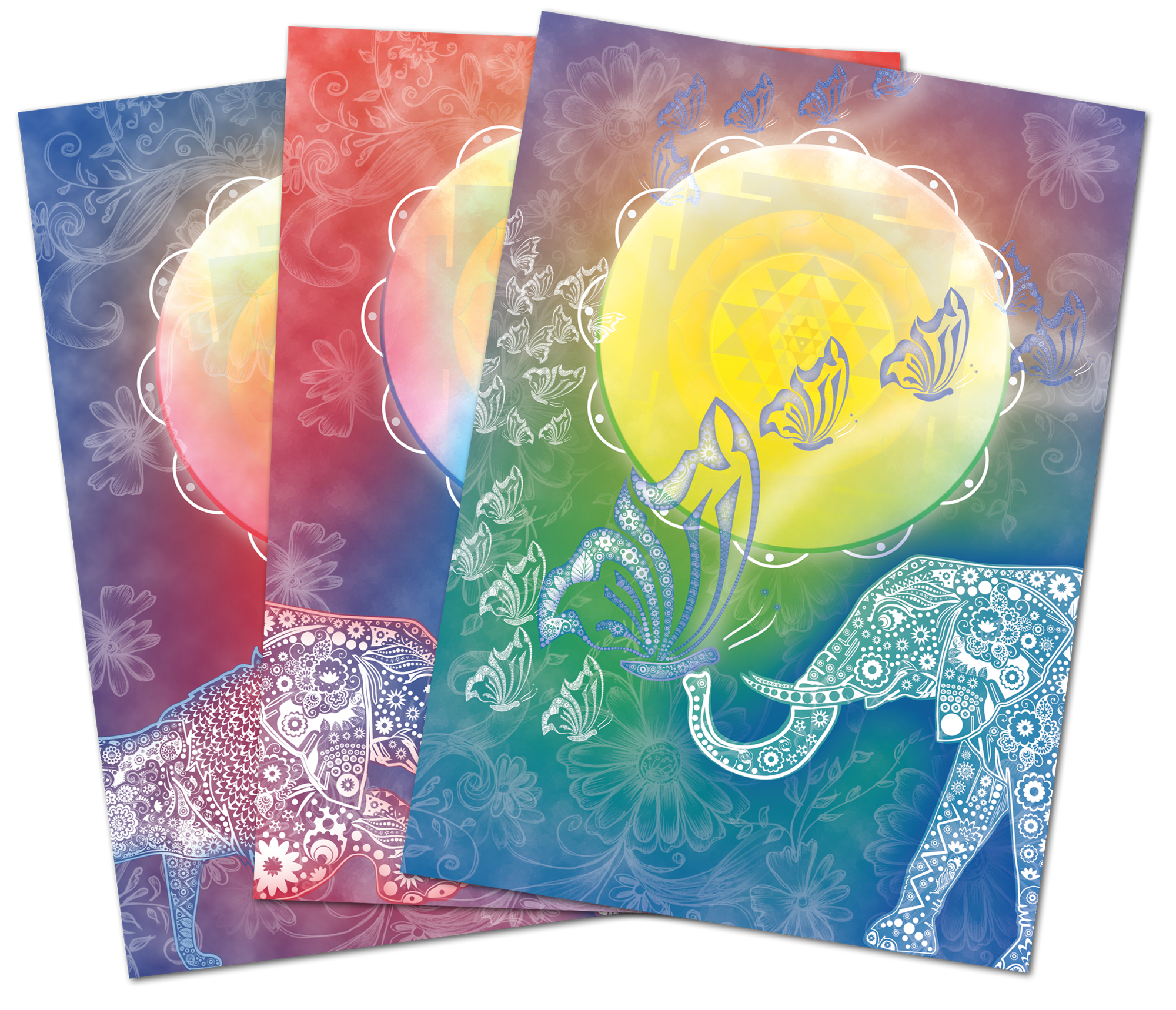 Farbenfrohe Elefanten – Postkarten-Set Set aus drei bunten Postkarten mit Motiv von Elefanten und Schmetterlingen, verschiedene Farben, kunstvoll gestaltet.