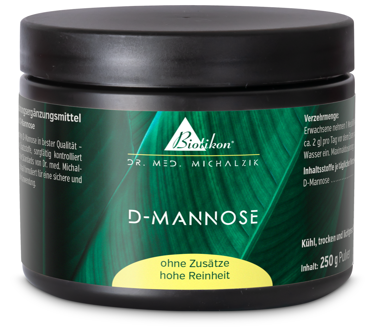 D-Mannose 250 g – Pulver D-Mannose Nahrungsergänzungsmittel in schwarzem 250 g Pulverbehälter, mit grünem Etikett.