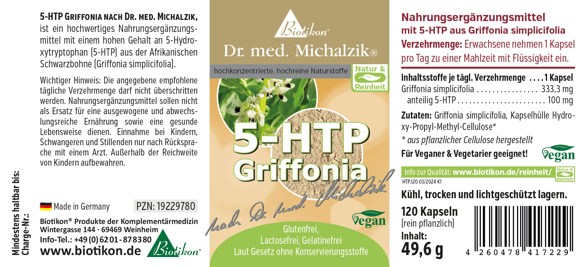 5-HTP Griffonia 100 mg – 120 Kapseln Nahrungsergänzungsmittel mit 5-HTP aus Griffonia simplicifolia, 120 vegane Kapseln, farbige Verpackung, Vorderansicht.