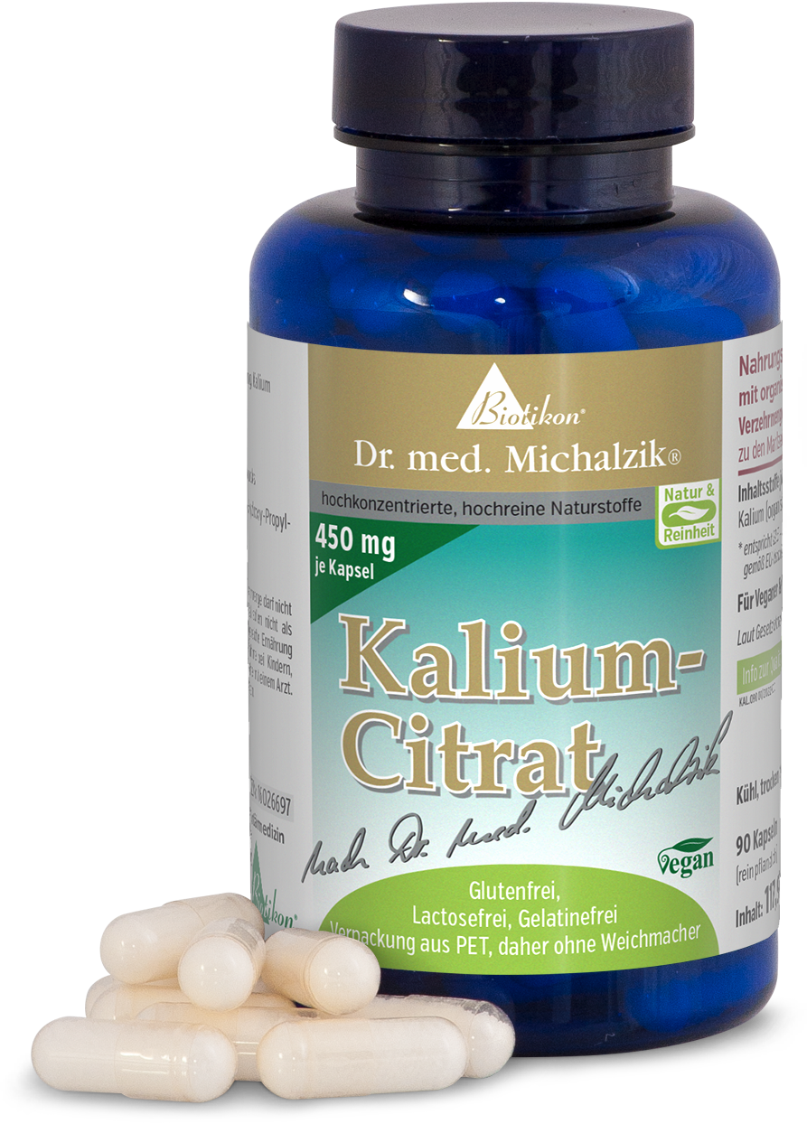 Kalium-Citrat 450 mg – Kapseln Blaues Fläschchen mit 90 weißen Kapseln, vegan, glutenfrei, Lactosefrei.