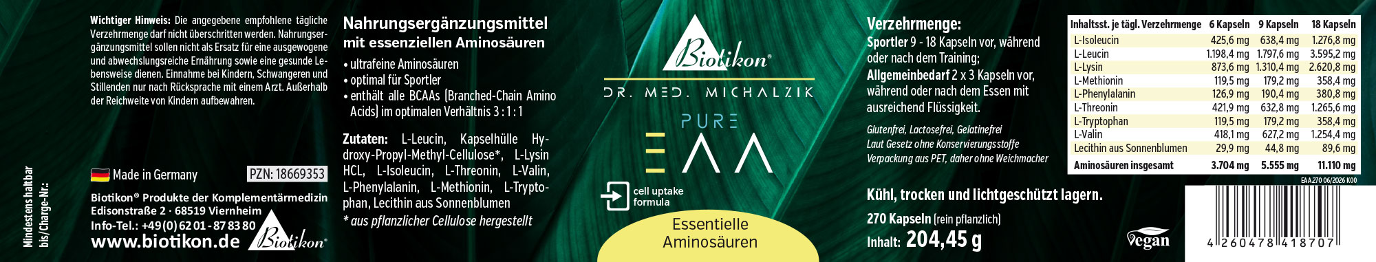Verpackung mit 270 pflanzlichen Kapseln für essentielle Aminosäuren, grün, frontal dargestellt.