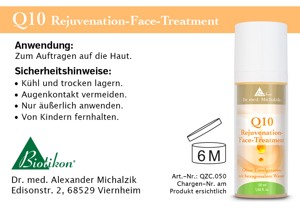 Q10 Rejuvenation-Face-Treatment – 50 ml Gesichtspflege-Produkt in Sprühflasche, 50 ml, weiße Verpackung mit goldener Schrift.