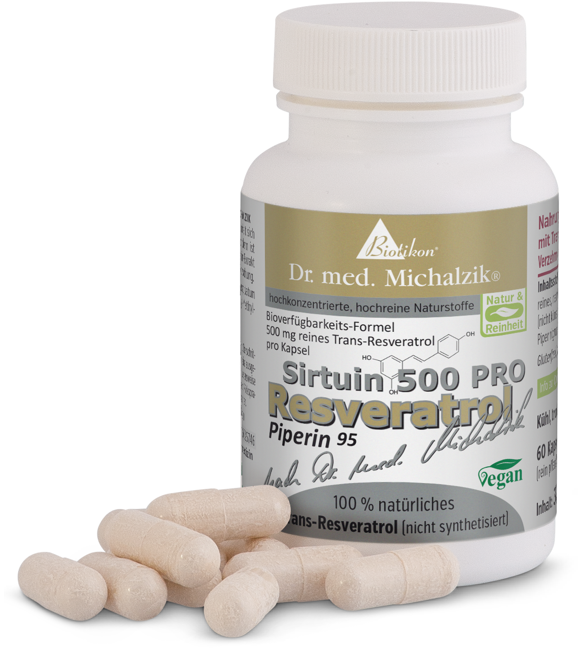 Resveratrol 500 mg – Kapseln Flasche mit Kapseln, 60 Stück, beige Kapseln, Sicht auf Etikett und Kapseln auf dem Tisch.