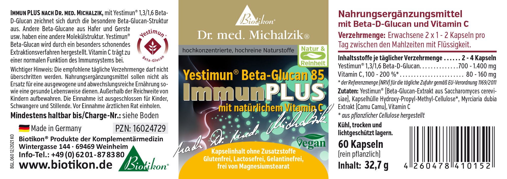 Beta-Glucan 85 – 60 Kapseln Nahrungsergänzungsmittel mit Beta-D-Glucan und Vitamin C, 60 Kapseln, vegan, in brauner Verpackung.