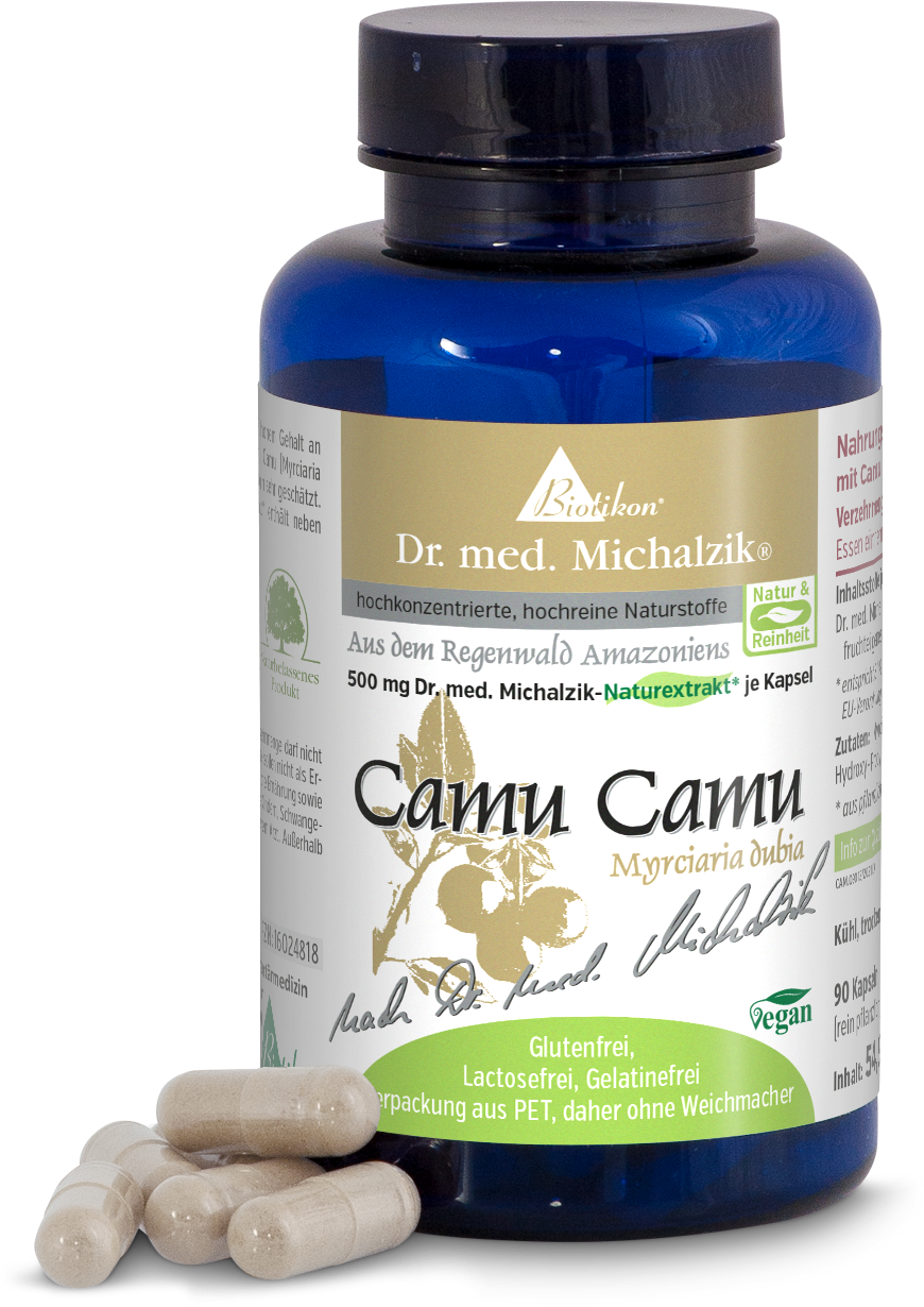 Camu Camu 500 mg – Kapseln Camu Camu Nahrungsergänzungsmittel in blauer PET-Flasche, 90 Kapseln, mit mehreren Kapseln im Vordergrund.