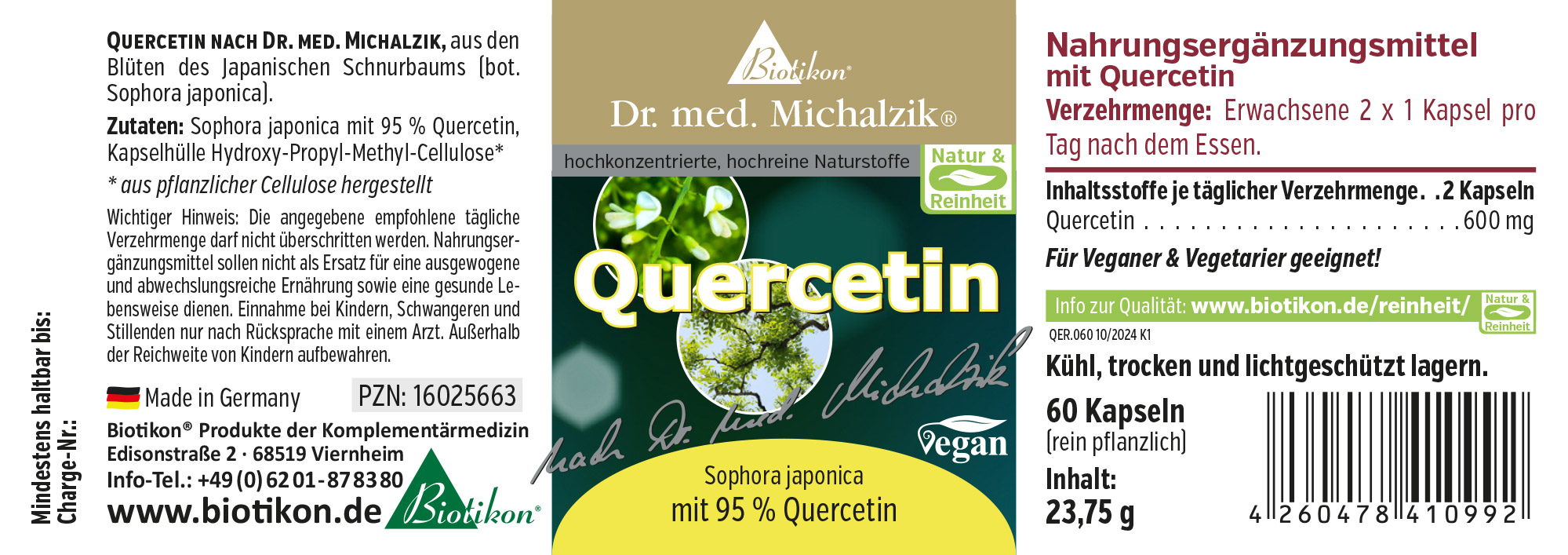 Quercetin 600 mg – Kapseln Nahrungsergänzungsmittel Quercetin, 60 Kapseln, in einer grünen Verpackung, vegan und pflanzlich.