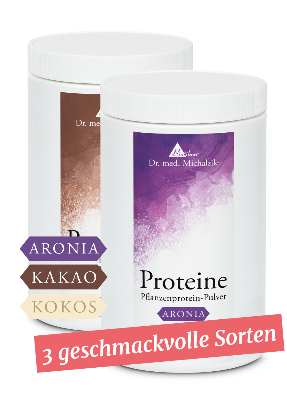 Pflanzenprotein-Pulver – 3 Sorten Zwei Behälter mit Pflanzenprotein-Pulver in Aronia, Kakao und Kokos, weiß, Vorderansicht.
