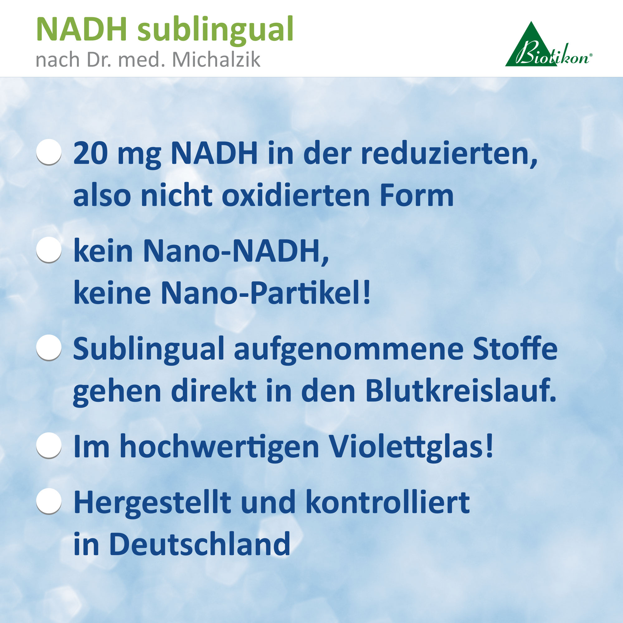 NADH sublingual 20 mg – Tabletten Sublinguale NADH Tabletten mit 20 mg, violette Verpackung, in hellem Hintergrund.