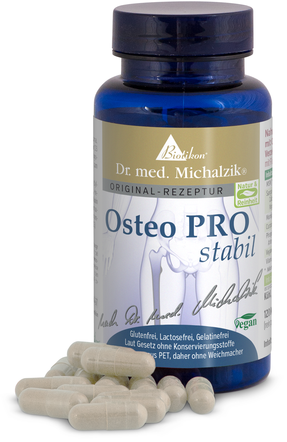 Osteo PRO stabil – 120 Kapseln Osteo PRO stabil Kapseln in blauer Flasche, 120 Stück, glutenfrei, vegan, aus gebrochenem PET.