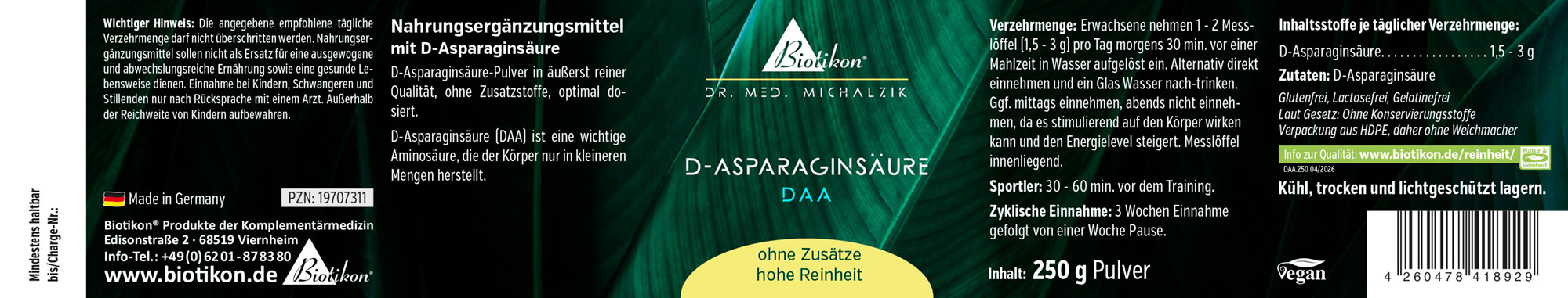 D-Aspartaminsäure Pulver in 250 g Packung, grünlich schwarz, Sicht auf die Schachtel mit Dosieranleitung.