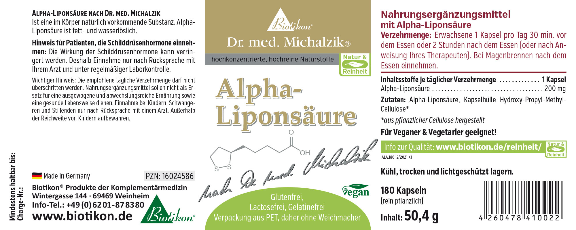 Alpha-Liponsäure 200 mg – Kapseln 180 Kapseln Alpha-Liponsäure, vegan, in einer PET-Verpackung, braune Kapseln, Seiteansicht.
