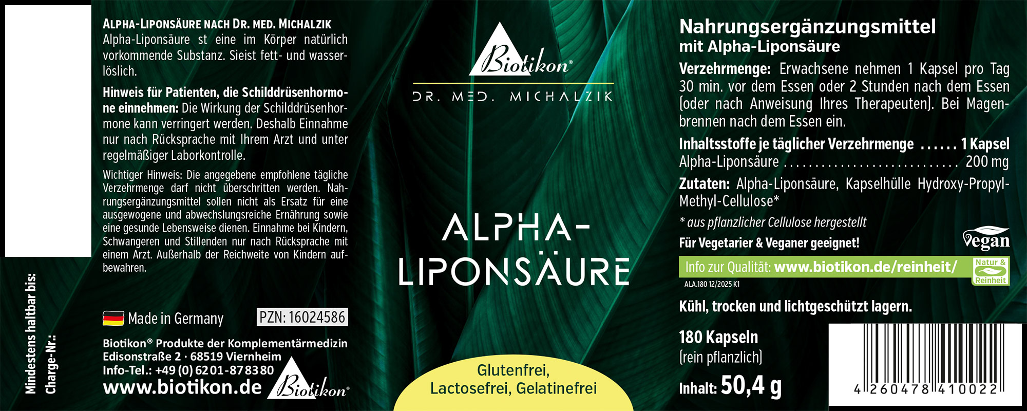 Alpha-Liponsäure 200 mg – Kapseln 180 Kapseln Alpha-Liponsäure, vegan, in einer PET-Verpackung, braune Kapseln, Seiteansicht.