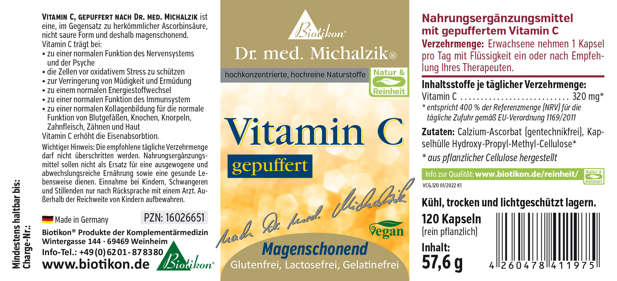 Vitamin C gepuffert Etikett Nahrungsergänzungsmittel Vitamin C, gepuffert, 120 Kapseln, gelb verpackt, mit magenschonender Formel.