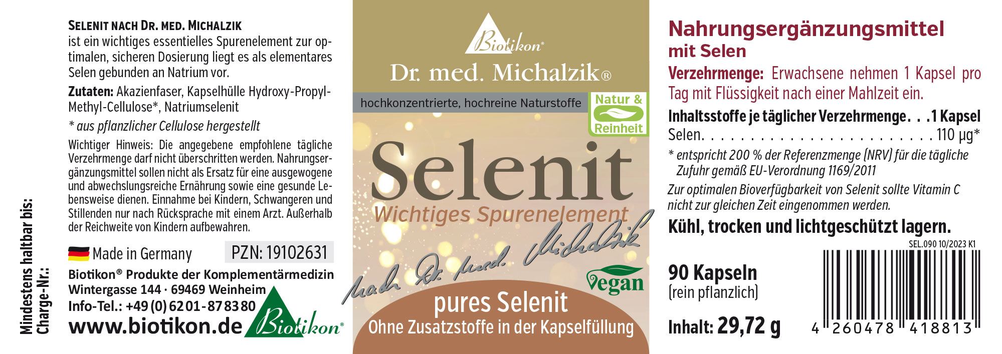 Selenit 110 µg – Kapseln Nahrungsergänzungsmittel Selenit in Kapseln, 90 Stück, vegan, Verpackung in Hellgrau und Gold.