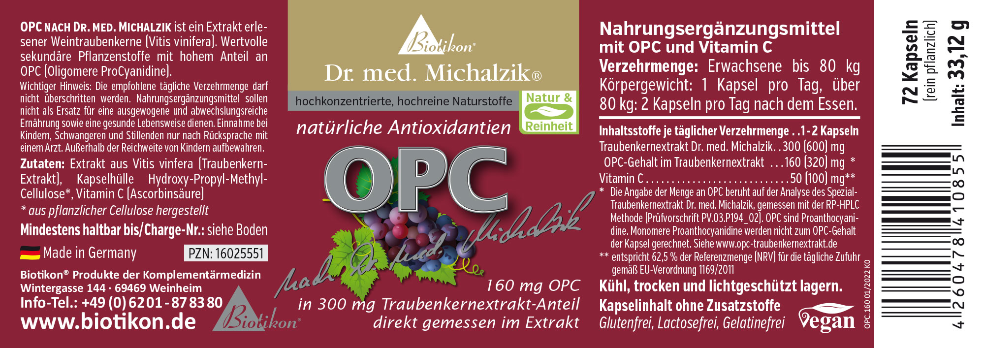 OPC 160 mg – Kapseln 72 Kapseln OPC mit Traubenkerneextrakt und Vitamin C, violette Verpackung, seitliche Ansicht.