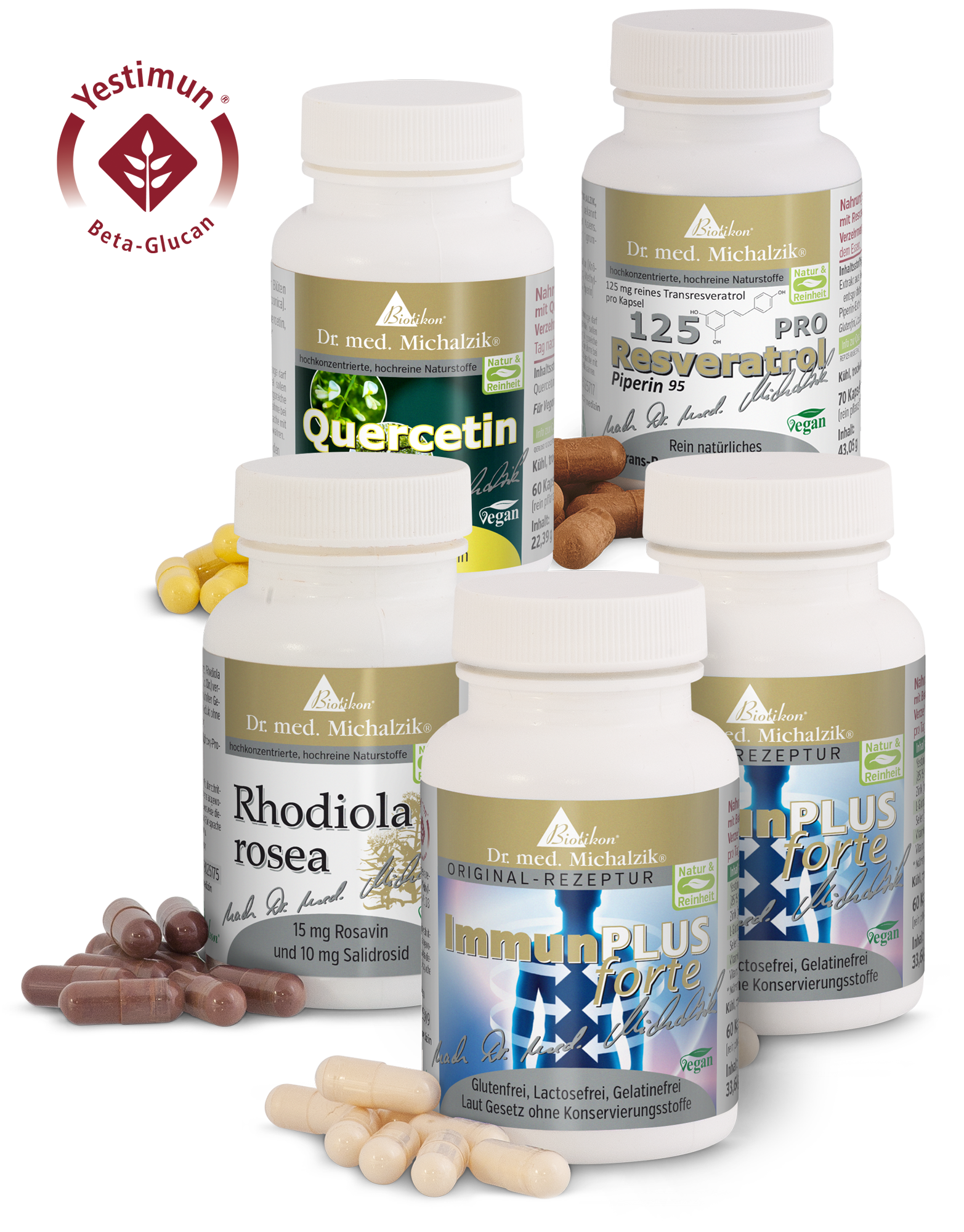 Quercetin 600 mg – Kapseln Quercetin Kapseln in einer weißen Flasche, 60 Stück, mit gelben Kapseln, Vorderansicht