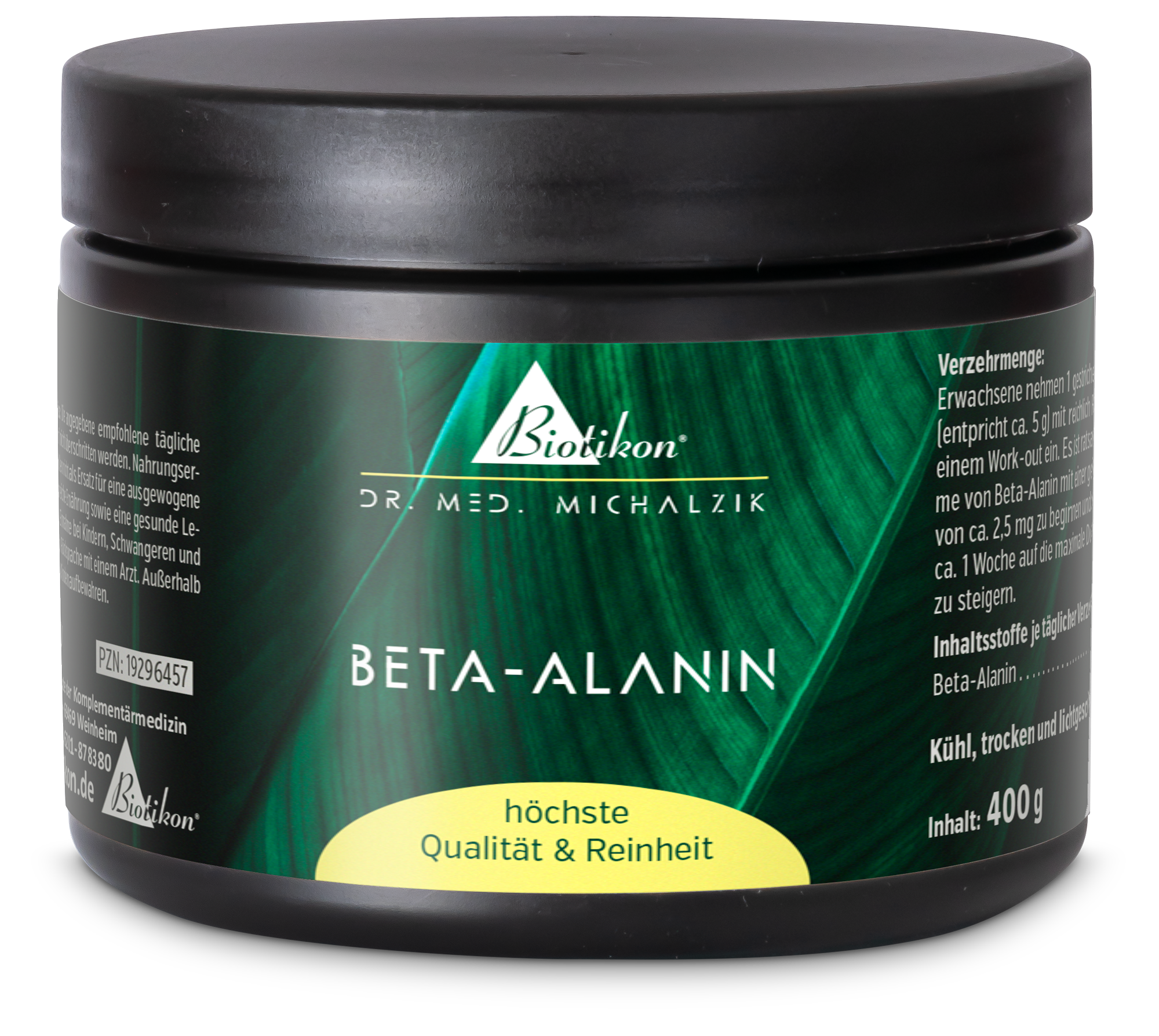 Beta-Alanin 400 g – Pulver Behälter mit Beta-Alanin Pulver, 400 g, schwarze Verpackung mit grünen Akzenten.