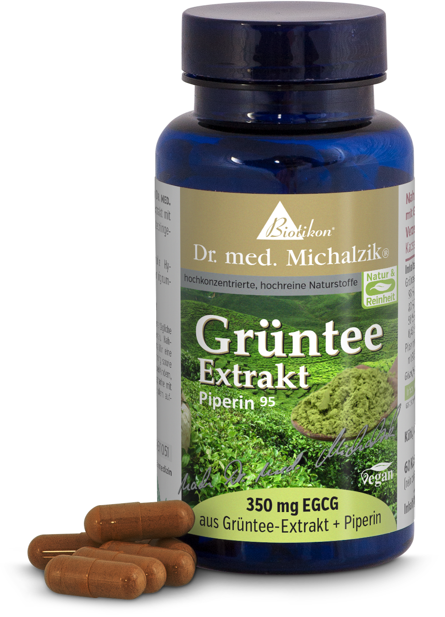 Grüntee Extrakt 350 mg – Kapseln Flasche mit Grüntee Extrakt, 350 mg EGCG, mit Kapseln in brauner Farbe, seitliche Ansicht.