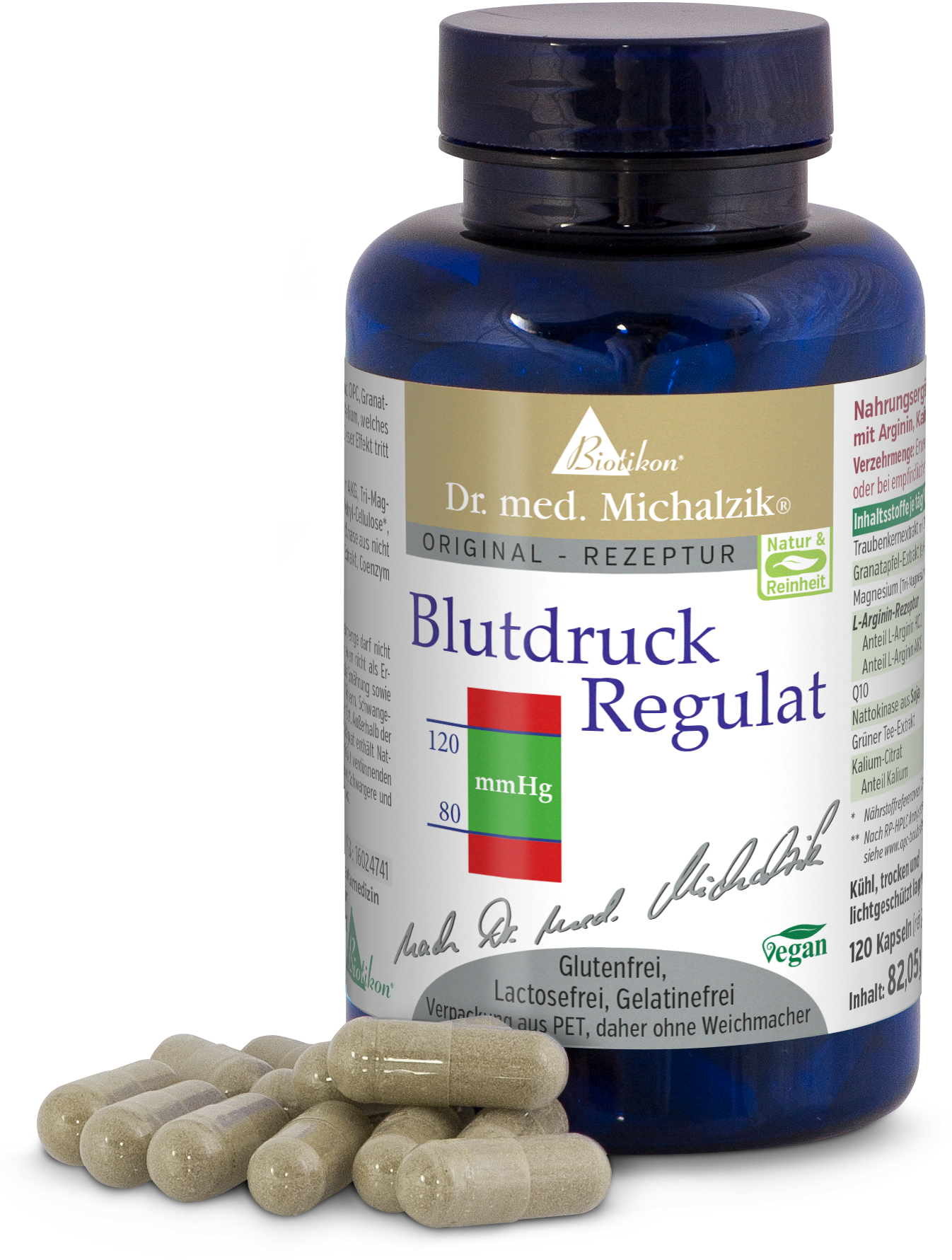 Blutdruck Regulat – 120 Kapseln Blutdruck Regulat in blauer Flasche mit 120 Kapseln, vegan, glutenfrei, hochwertige Inhaltsstoffe, Nahaufnahme.